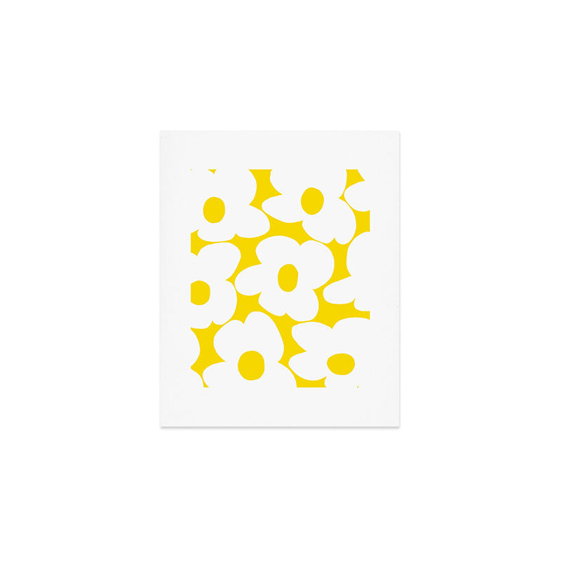 Large White Retro Flowers Sunny Yellow Background #decor #society6 #buyart Art Print Gallery Image 1