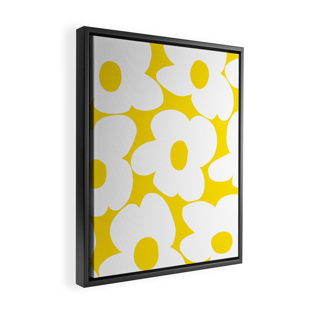 Large White Retro Flowers Sunny Yellow Background #decor #society6 #buyart Framed Canvas Print Gallery Image 2
