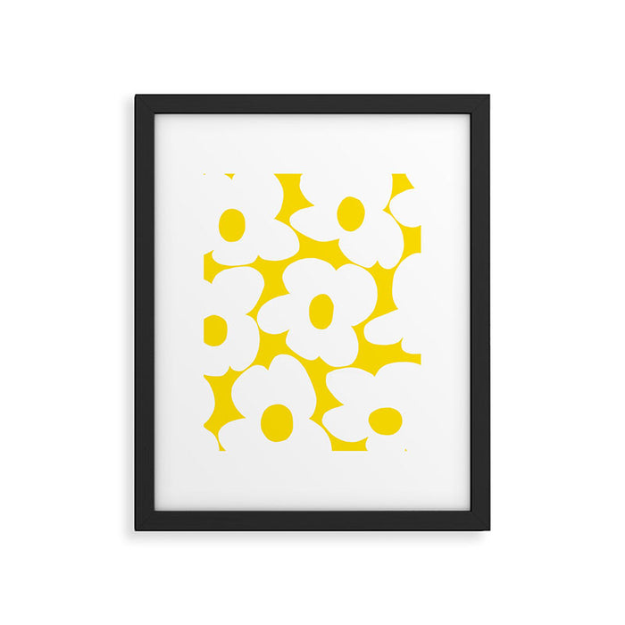 Large White Retro Flowers Sunny Yellow Background #decor #society6 #buyart Framed Art Print Gallery Image 1