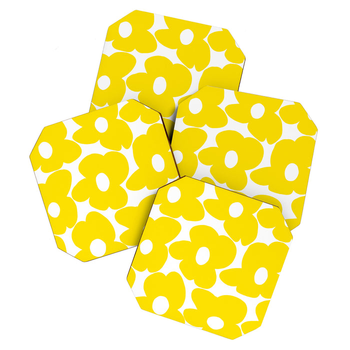 Large Yellow Retro Flowers on White Background #decor #society6 #buyart Coaster Gallery Image 1