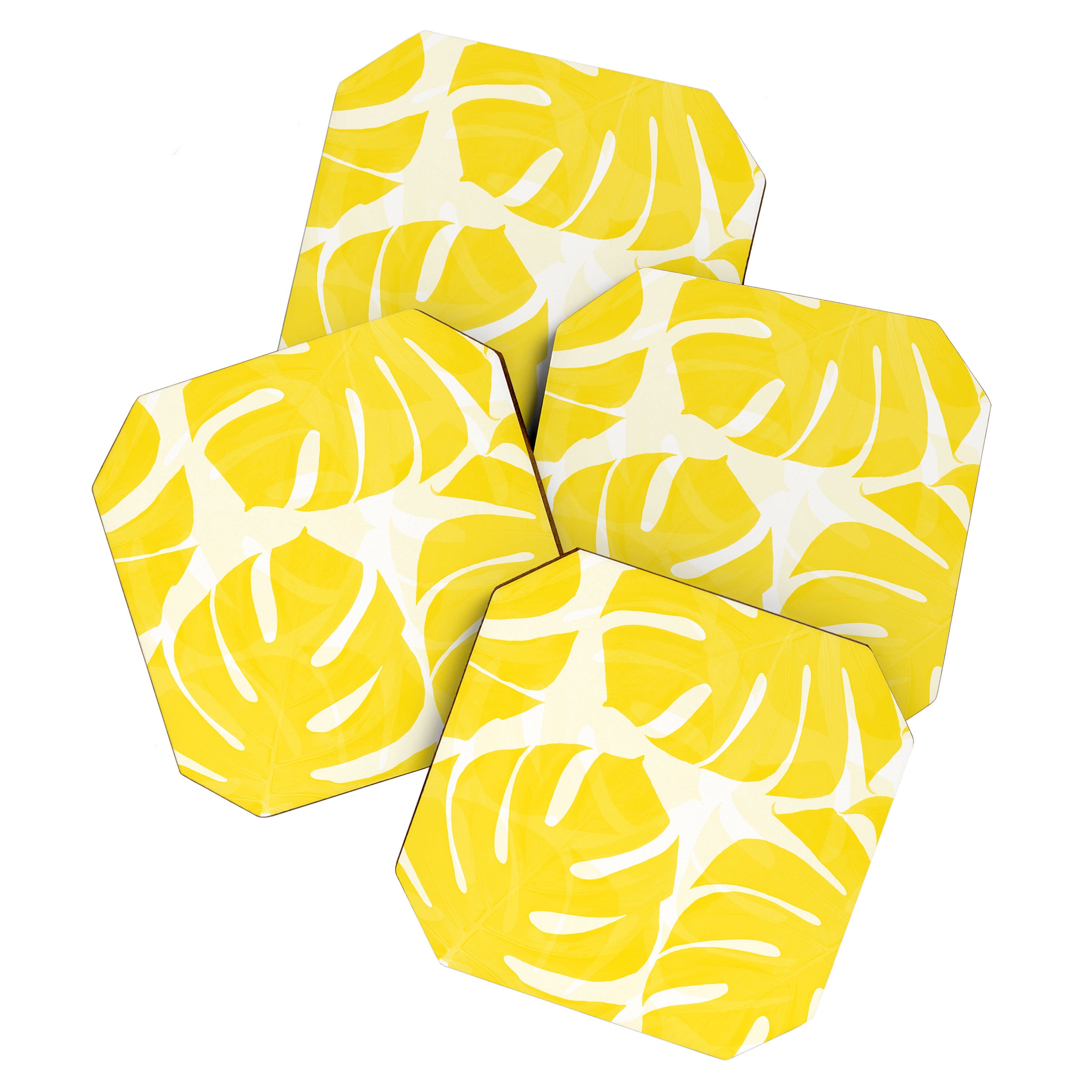 Mellow Yellow Monstera Leaves White Background #decor #society6 #buyart Coaster Gallery Image 1