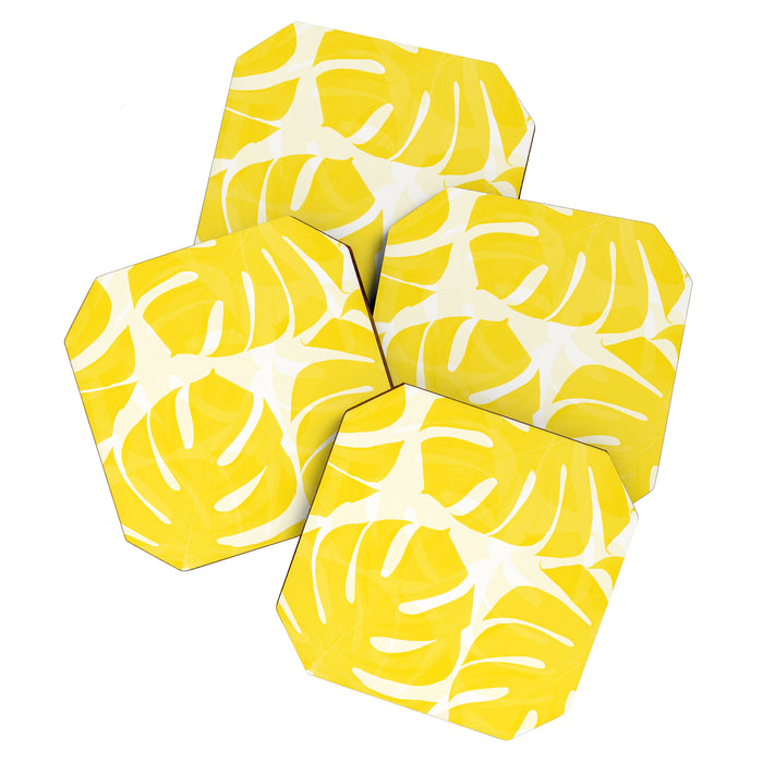 Mellow Yellow Monstera Leaves White Background #decor #society6 #buyart Coaster Gallery Image 1