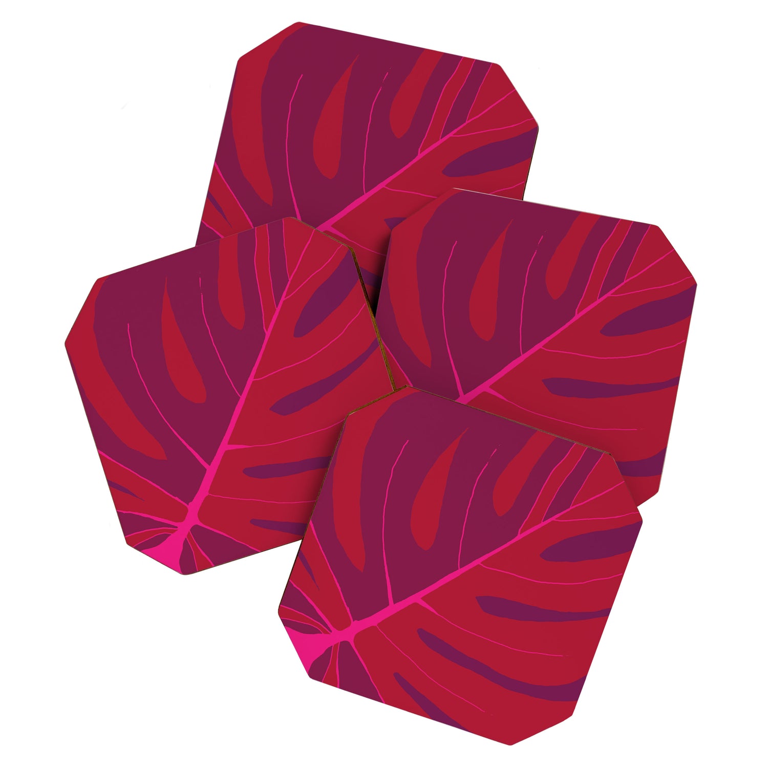 Only One Monstera Leaf in Red And Purple Colors #decor #society6 #buyart Coaster Gallery Image 1