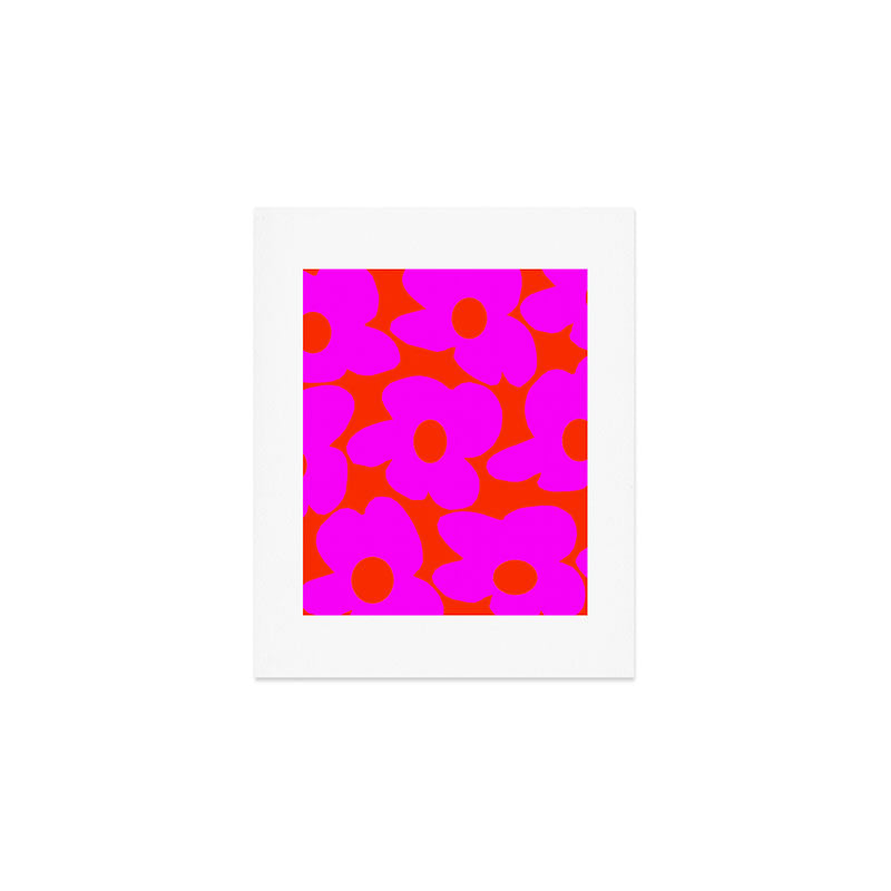Pink Retro Flowers Orange Red Background #decor #society6 #buyart Art Print Gallery Image 1