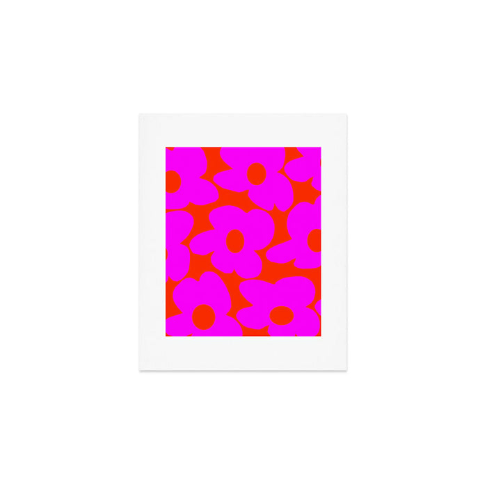 Pink Retro Flowers Orange Red Background #decor #society6 #buyart Art Print Gallery Image 1