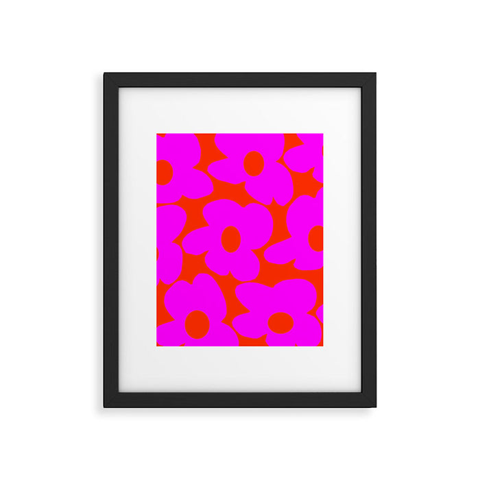 Pink Retro Flowers Orange Red Background #decor #society6 #buyart Framed Art Print Gallery Image 1
