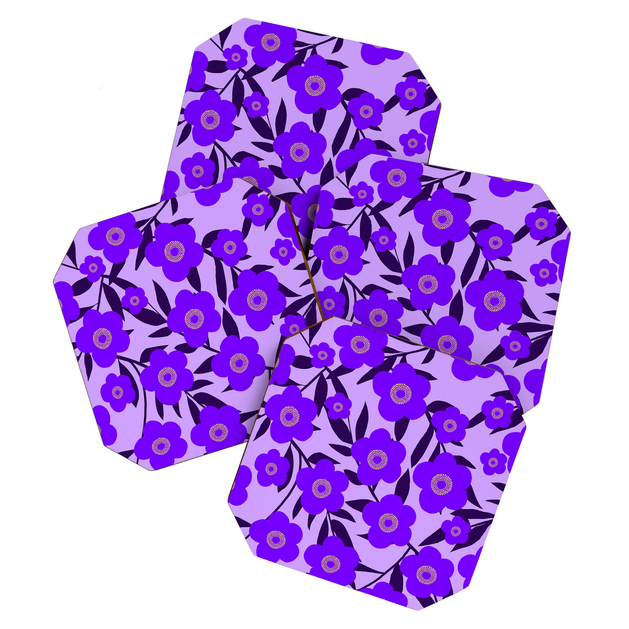  Purple Retro Flowers and Dark Blue Leaves on Light Lilac Pink Background #decor #society6 #buyart Coaster Gallery Image 1