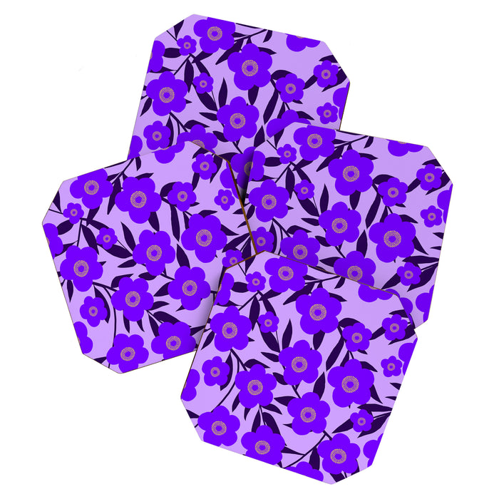  Purple Retro Flowers and Dark Blue Leaves on Light Lilac Pink Background #decor #society6 #buyart Coaster Gallery Image 1