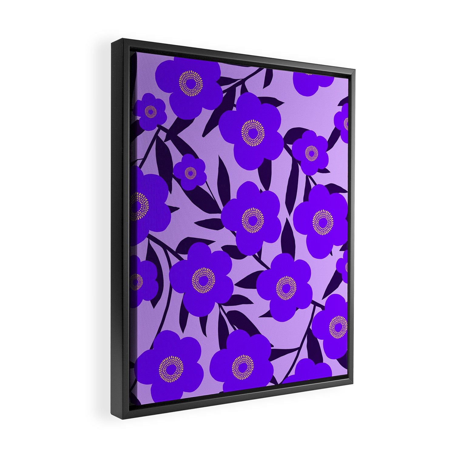  Purple Retro Flowers and Dark Blue Leaves on Light Lilac Pink Background #decor #society6 #buyart Framed Canvas Print Gallery Image 2