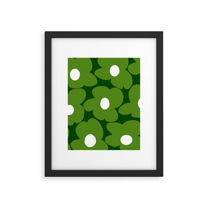 Spring Green Retro Flowers Dark Green Background #decor #society6 #buyart Framed Art Print Gallery Image 1