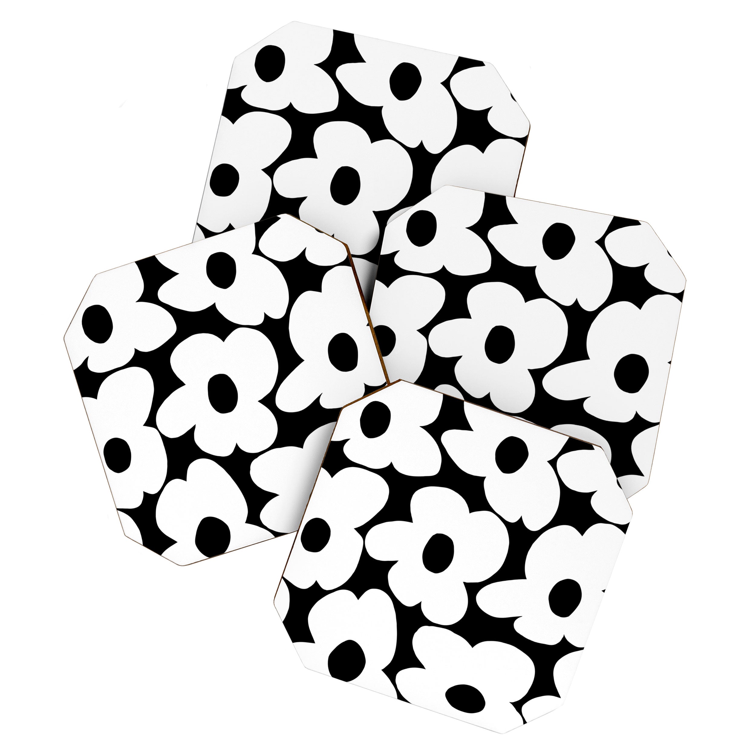 White Retro Flowers Black Background #decor #society6 #buyart Coaster Gallery Image 1