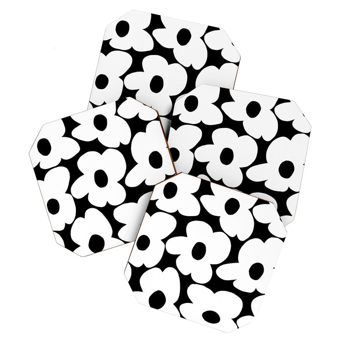 White Retro Flowers Black Background #decor #society6 #buyart Coaster Gallery Image 1