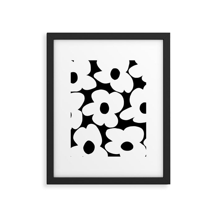 White Retro Flowers Black Background #decor #society6 #buyart Framed Art Print Gallery Image 1