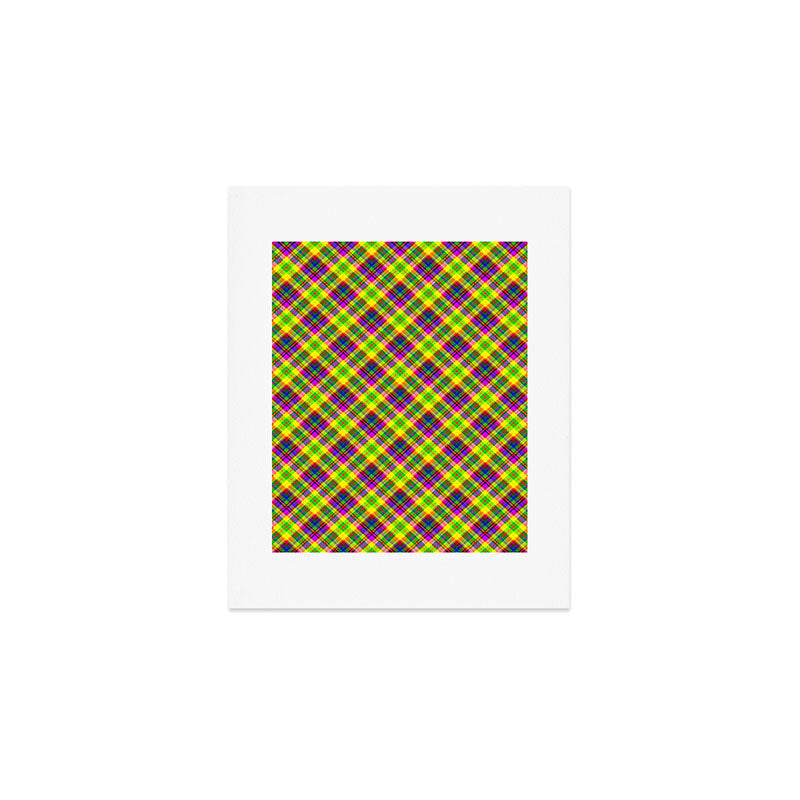 Bright summer neon checkered pattern yellow green purple Art Print Gallery Image 1