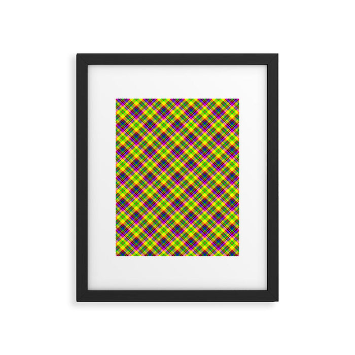 Bright summer neon checkered pattern yellow green purple Framed Art Print Gallery Image 1