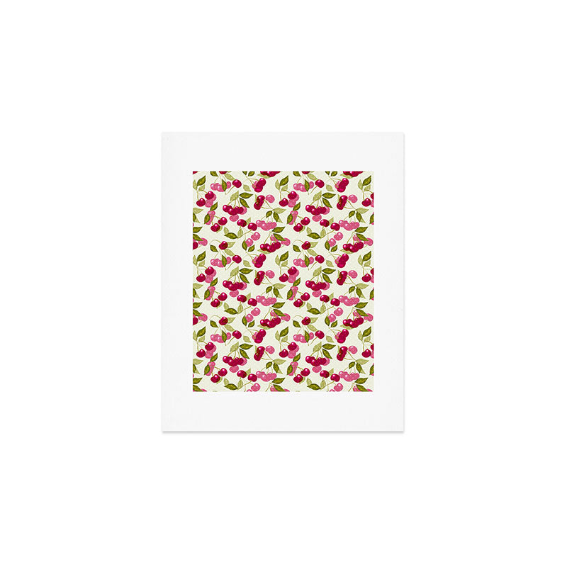Ripe red and pink cherry berries retro rustic pattern Art Print Gallery Image 1