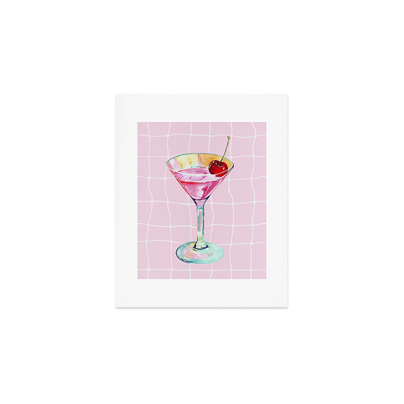Pink Aesthetic Martini Glass with Cherry Art Print Gallery Image 1