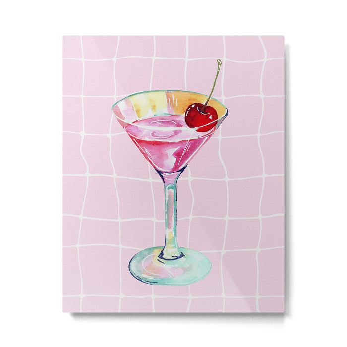 Pink Aesthetic Martini Glass with Cherry Metal Print Gallery Image 1