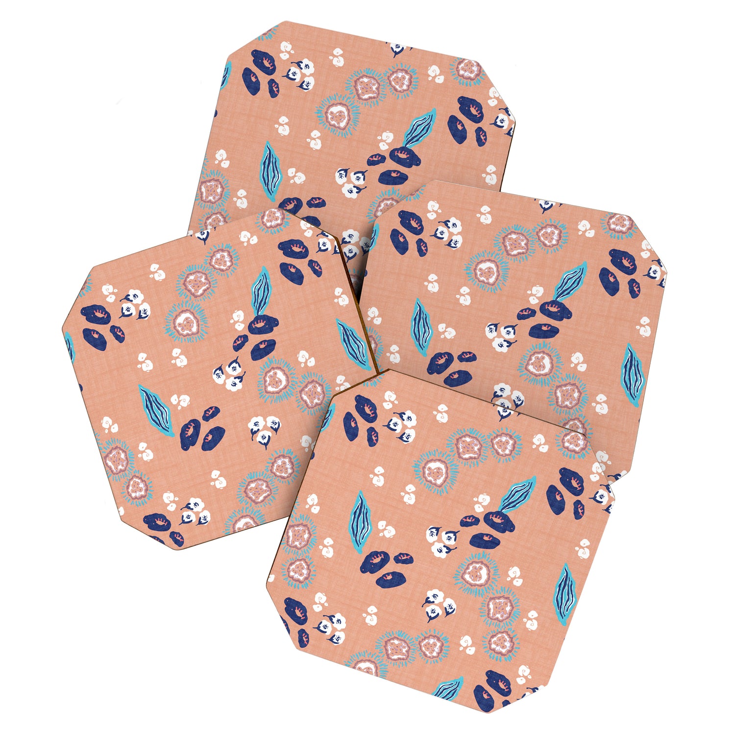 Romantic Abstract Flowers Blue and Muted Pink Coaster Gallery Image 1