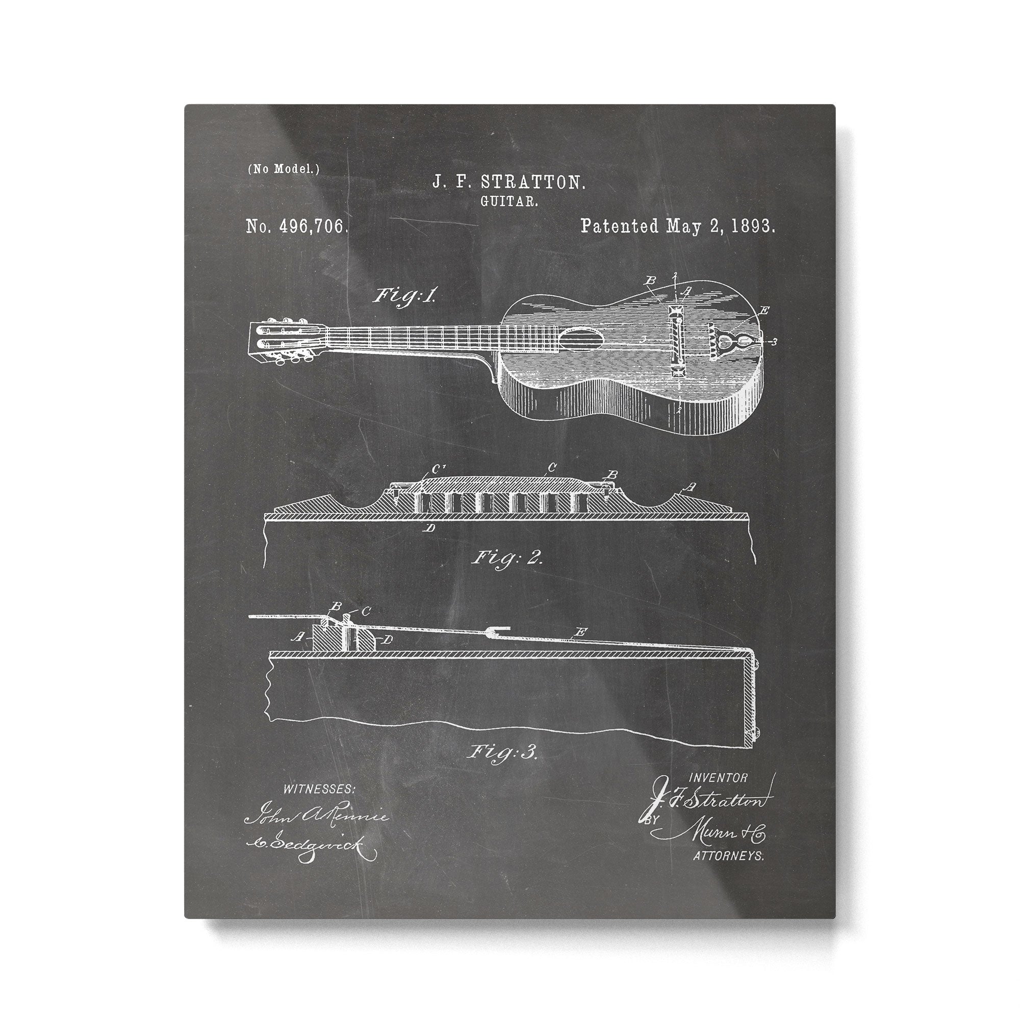 Acoustic Guitar Patent - Guitar Player Music Lover Art - Black Chalkboard Metal Print Gallery Image 6