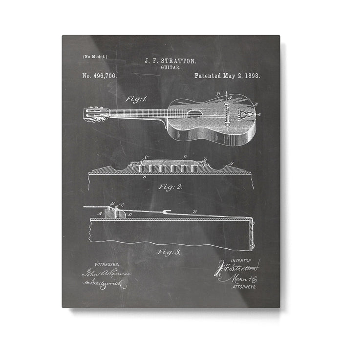 Acoustic Guitar Patent - Guitar Player Music Lover Art - Black Chalkboard Metal Print Gallery Image 1