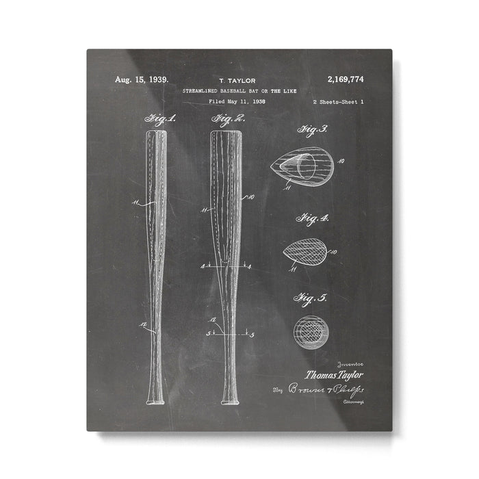 Baseball Bat Patent - Baseball Art - Black Chalkboard Metal Print Gallery Image 1