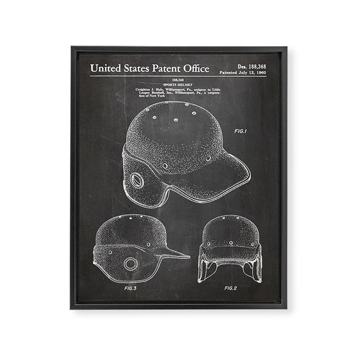 Baseball Helmet Patent - Baseball Player Art - Black Chalkboard Framed Canvas Print Gallery Image 1