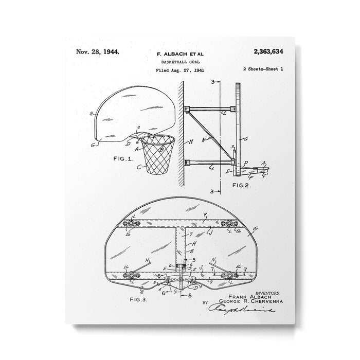 Basketball Net Patent - Basketball Fan Coach Player Art - White Metal Print Gallery Image 1