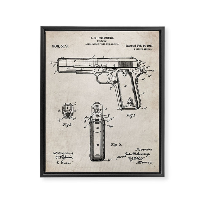 Colt Pistol Patent - Browning 1911 Colt Art - Antique Framed Canvas Print Gallery Image 1