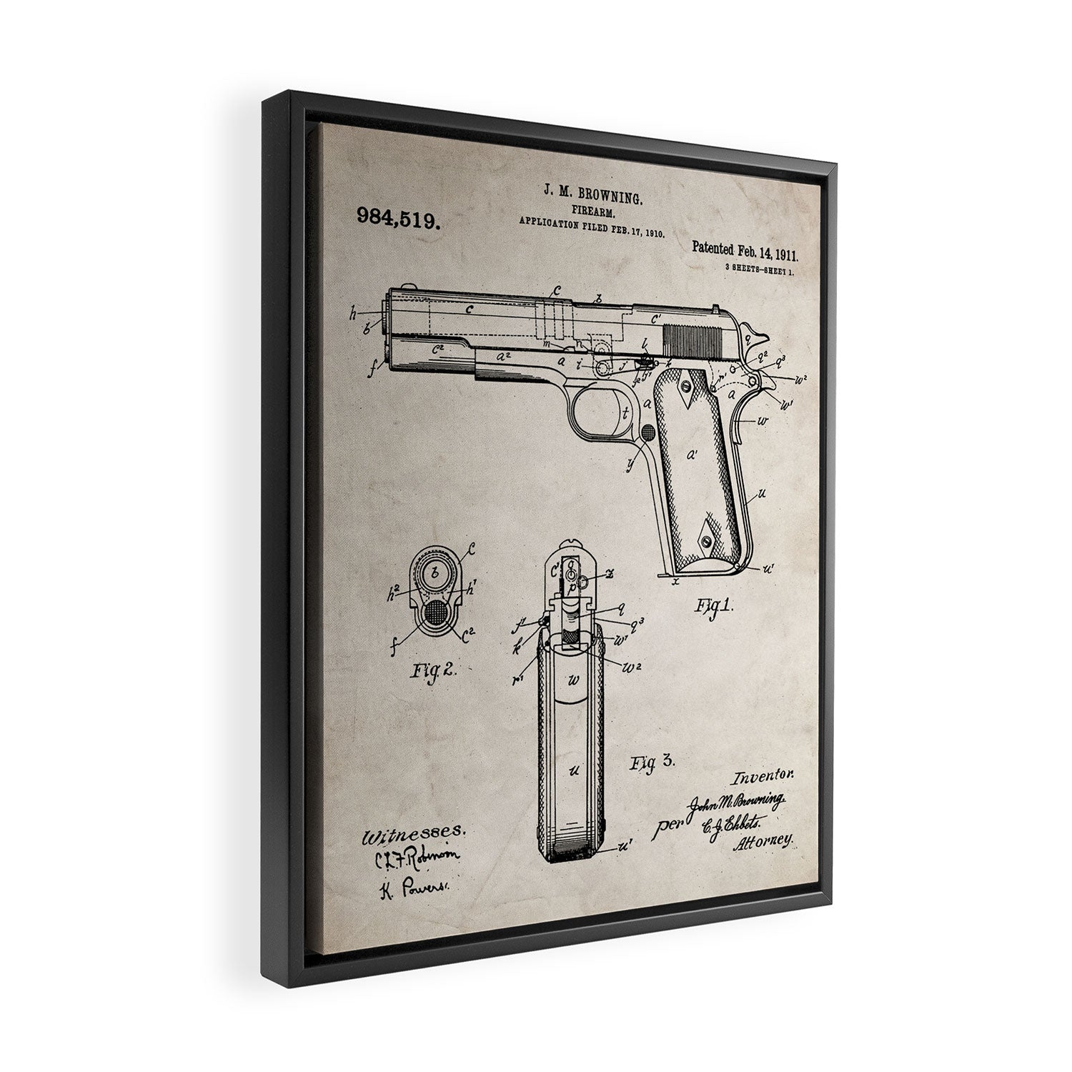 Colt Pistol Patent - Browning 1911 Colt Art - Antique Framed Canvas Print Gallery Image 2