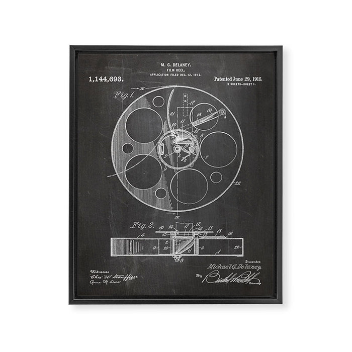 Film Reel Patent - Classic Cinema Art - Black Chalkboard Framed Canvas Print Gallery Image 1