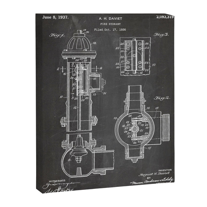Fire Hydrant Patent - Fireman Fire House Art - Black Chalkboard Canvas Print Gallery Image 1