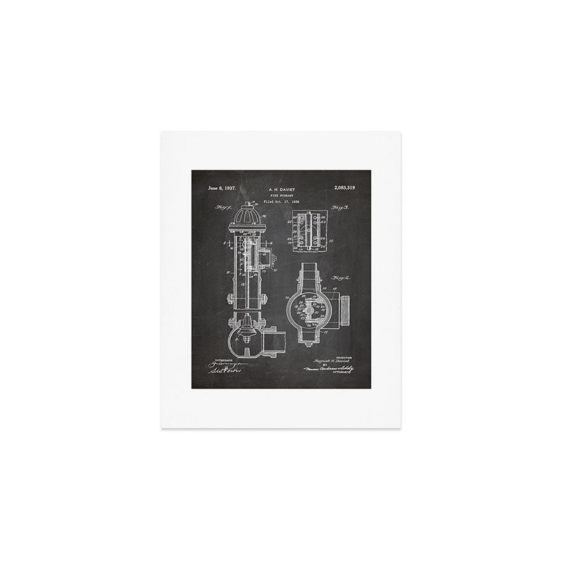 Fire Hydrant Patent - Fireman Fire House Art - Black Chalkboard Art Print Gallery Image 1