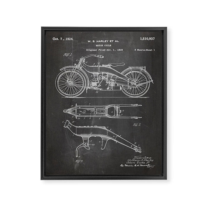 Harley Motorcycle Patent - Harley Bike Art - Black Chalkboard Framed Canvas Print Gallery Image 1