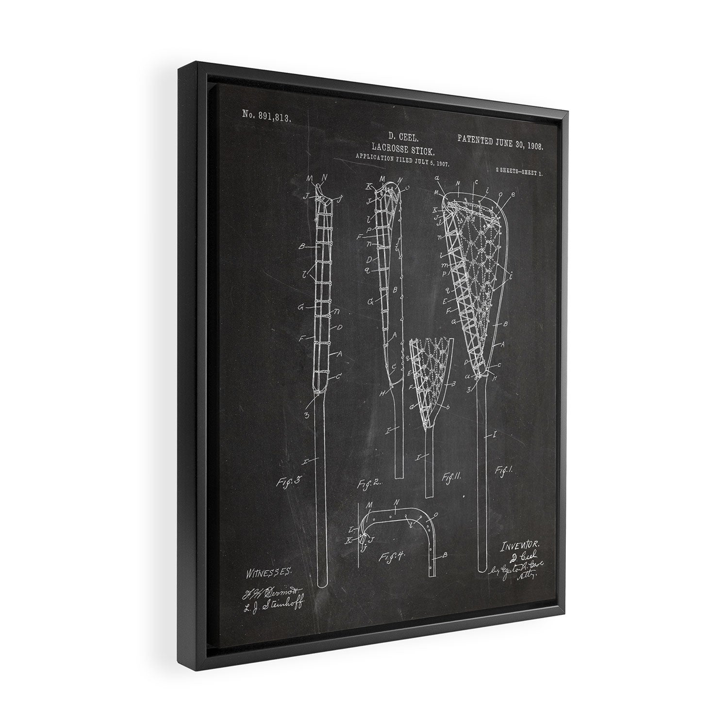 Lacrosse Stick Patent - Lacrosse Player Art - Black Chalkboard Framed Canvas Print Gallery Image 2