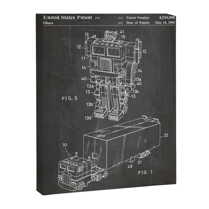 Optimus Prime Patent - Transformers Fan Comic Book Geek Art - Black Chalkboard Canvas Print Gallery Image 1
