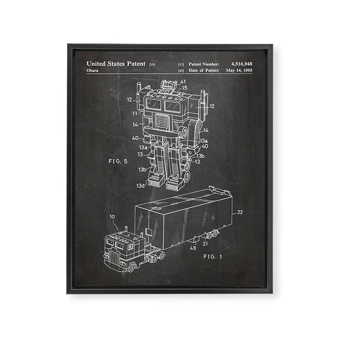 Optimus Prime Patent - Transformers Fan Comic Book Geek Art - Black Chalkboard Framed Canvas Print Gallery Image 1