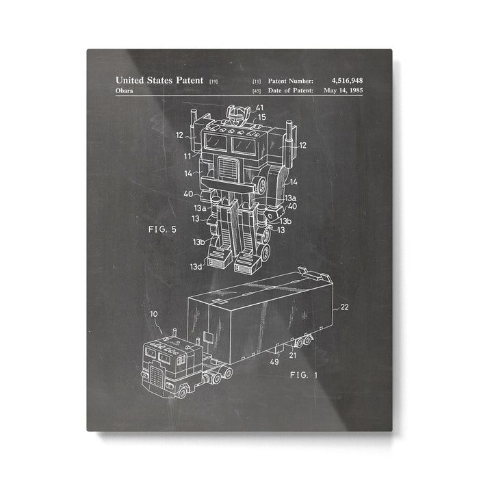 Optimus Prime Patent - Transformers Fan Comic Book Geek Art - Black Chalkboard Metal Print Gallery Image 1