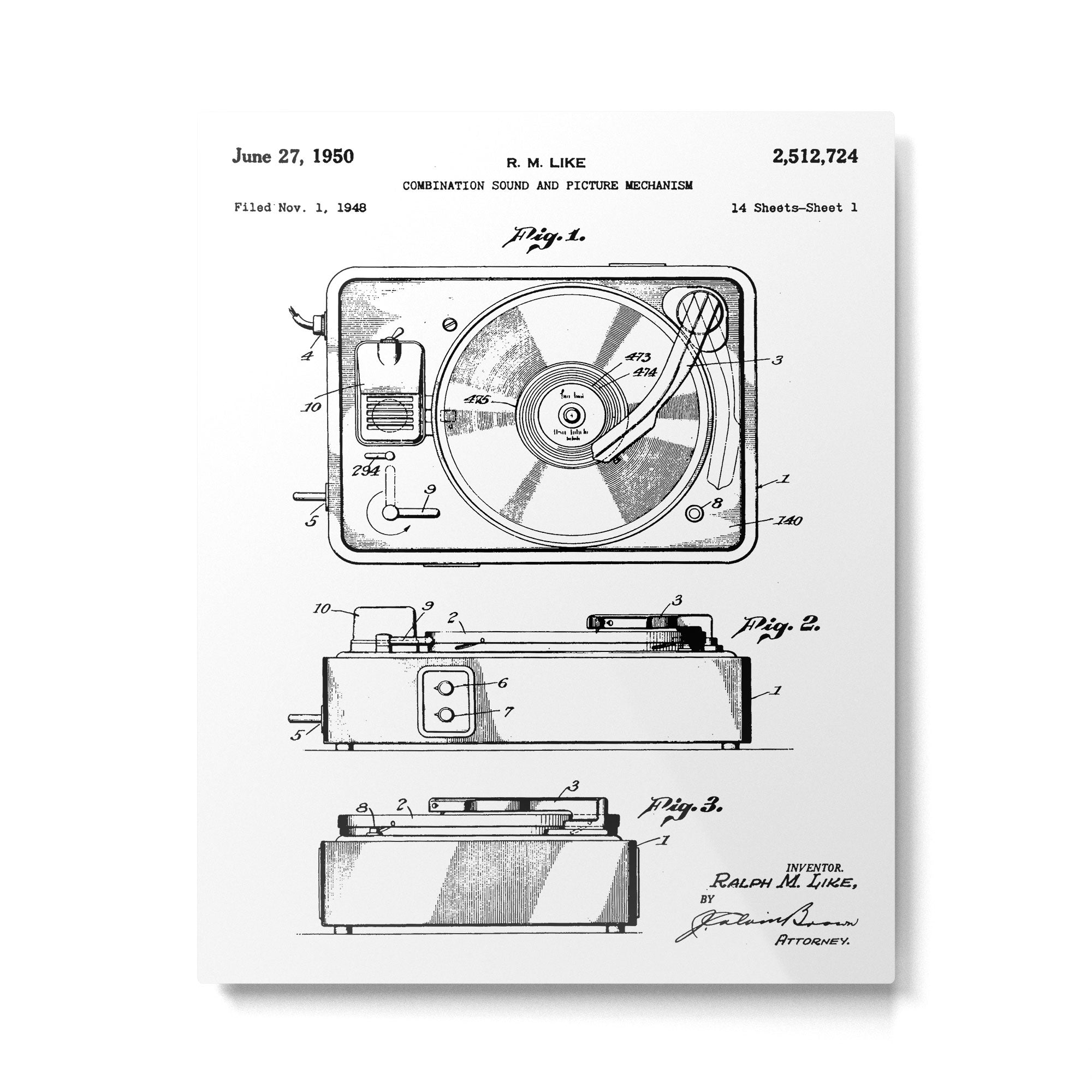 Record Player Patent - Vinyl Fan Music Lover Art - White Metal Print Gallery Image 6