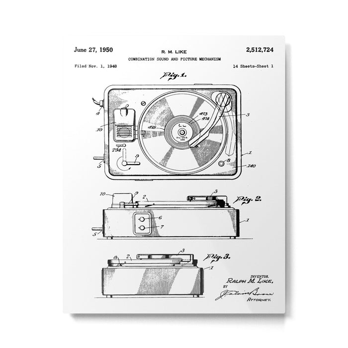 Record Player Patent - Vinyl Fan Music Lover Art - White Metal Print Gallery Image 1