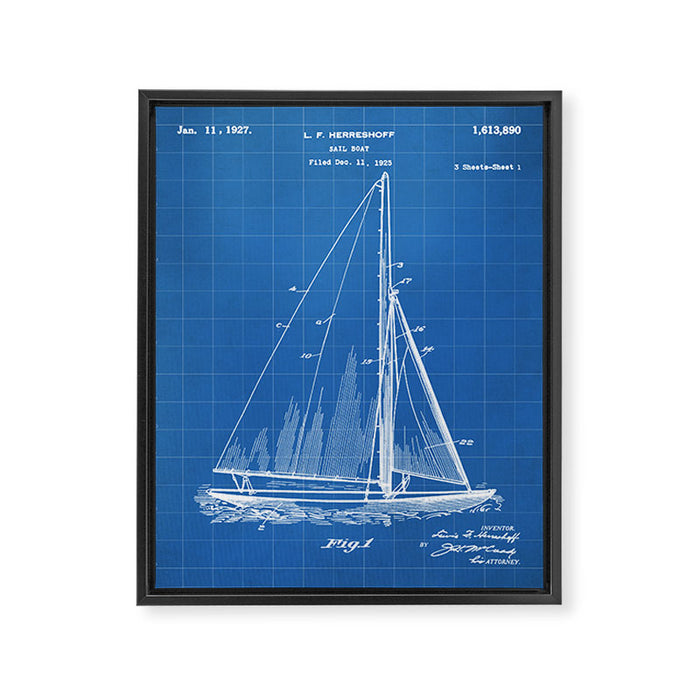 Sailboat Patent - Yacht Art - Blueprint Framed Canvas Print Gallery Image 1