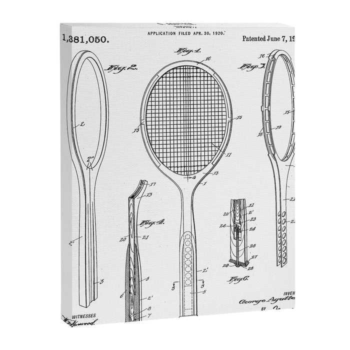 Tennis Racket Patent - Tennis Lover Coach Player Fan Art - White Canvas Print Gallery Image 1