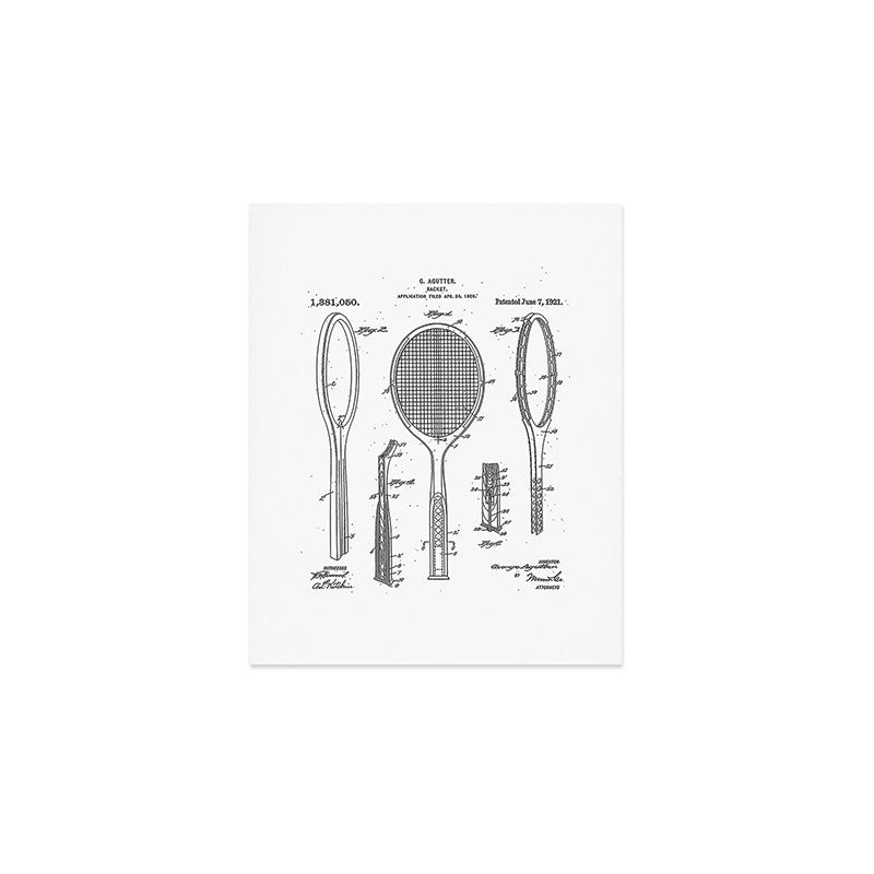 Tennis Racket Patent - Tennis Lover Coach Player Fan Art - White Art Print Gallery Image 1