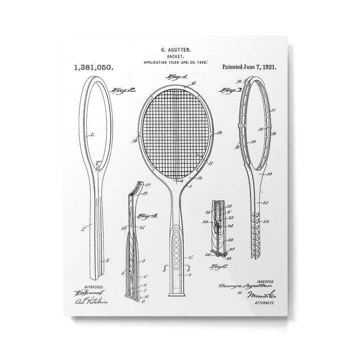 Tennis Racket Patent - Tennis Lover Coach Player Fan Art - White Metal Print Gallery Image 1