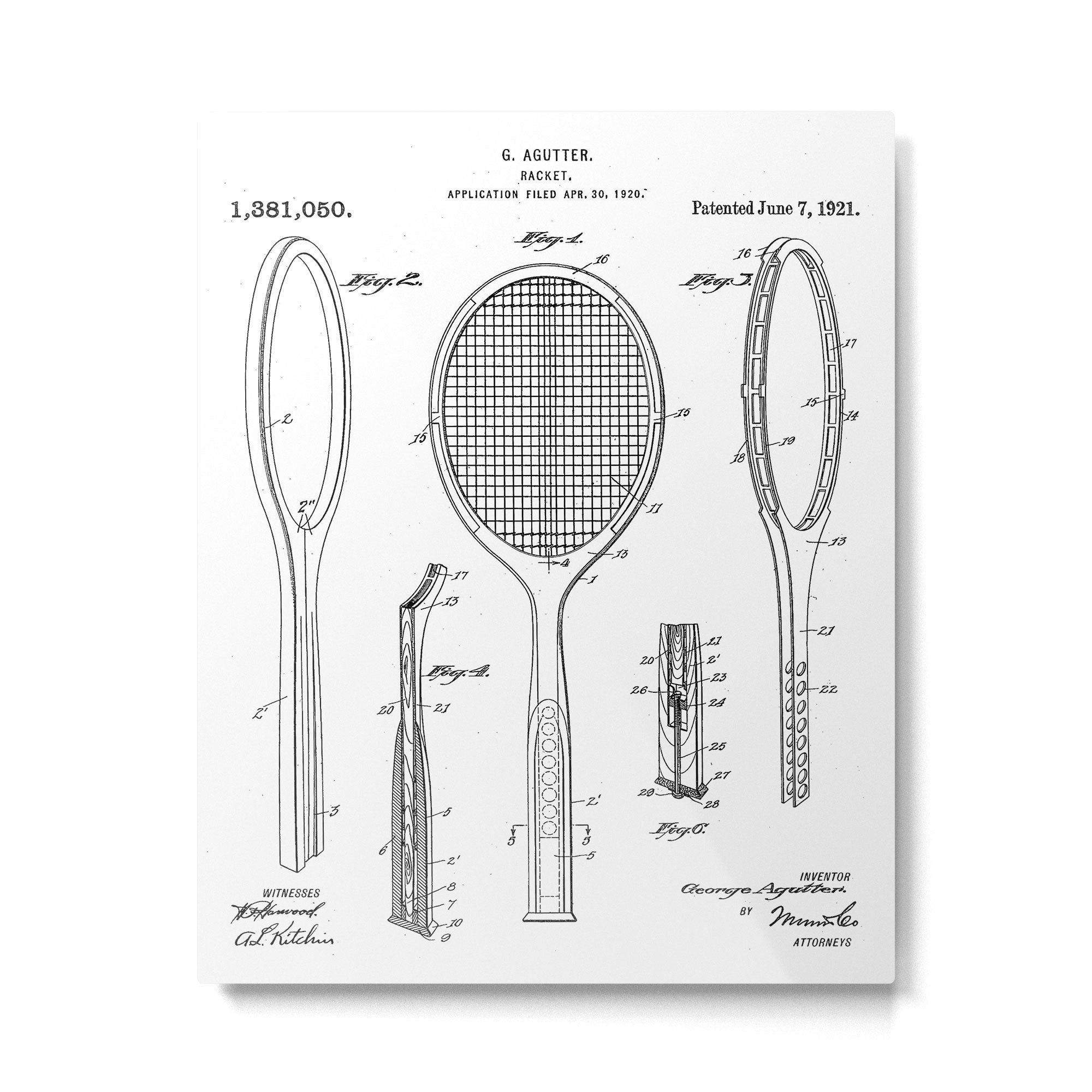 Tennis Racket Patent - Tennis Lover Coach Player Fan Art - White Metal Print Gallery Image 6