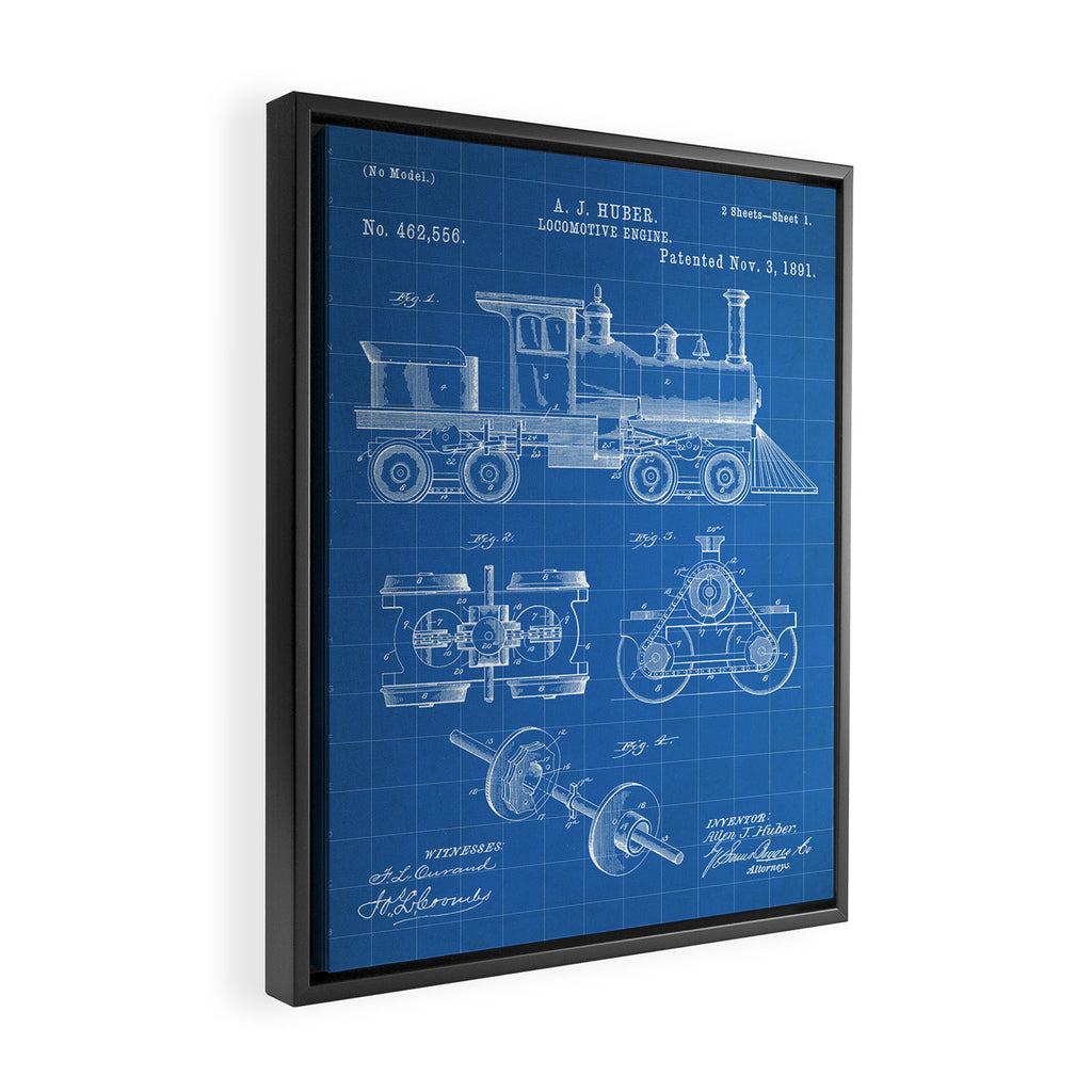 Train Locomotive Patent - Steam Train Art - Blueprint Framed Canvas Print Gallery Image 2