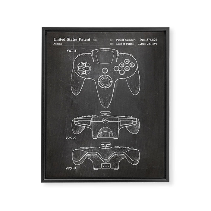 Video Game Controller Patent - Retro Gaming Game Room Art - Black Chalkboard Framed Canvas Print Gallery Image 1