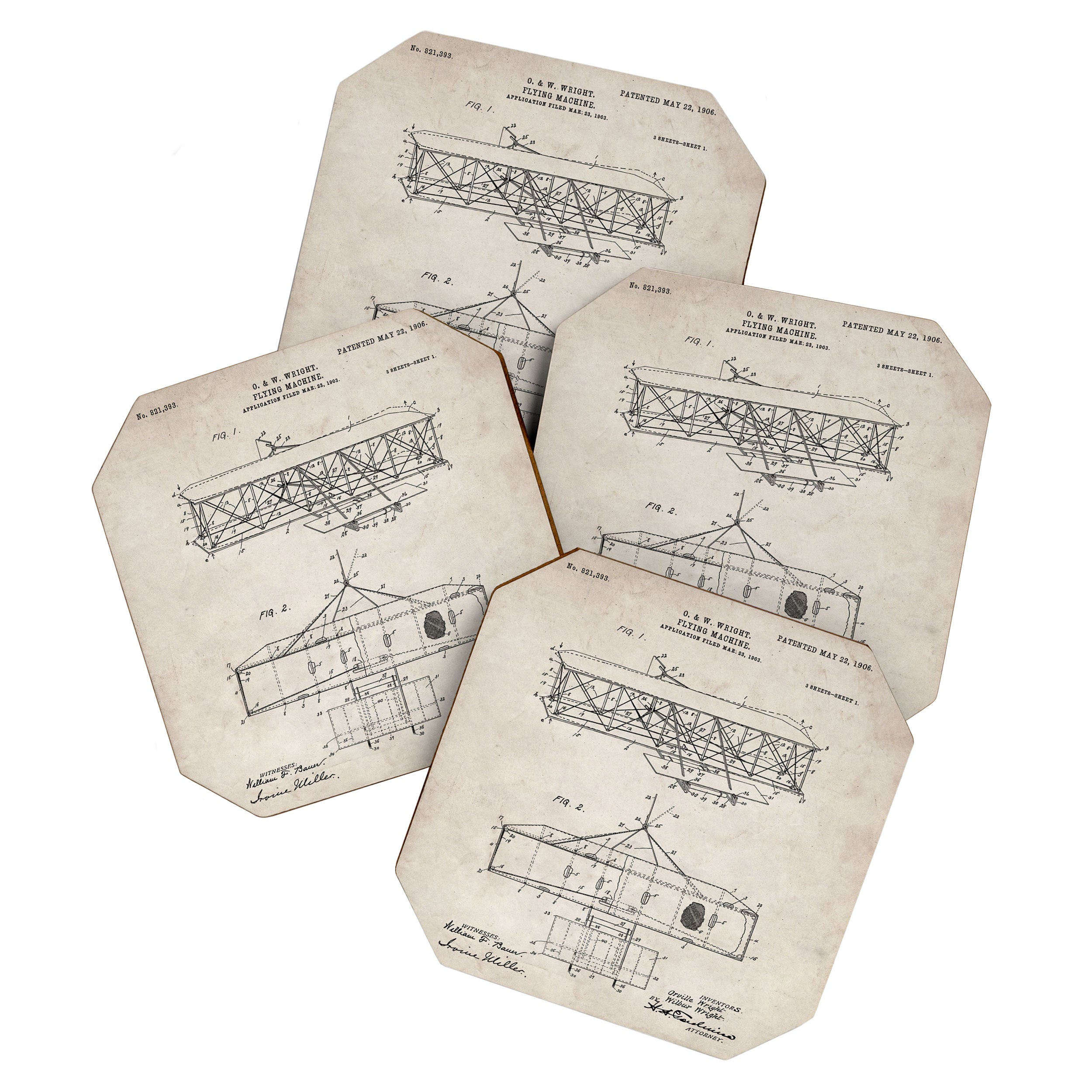 Wright Brother's Airplane Patent - Aviation History Art - Antique Coaster Gallery Image 1