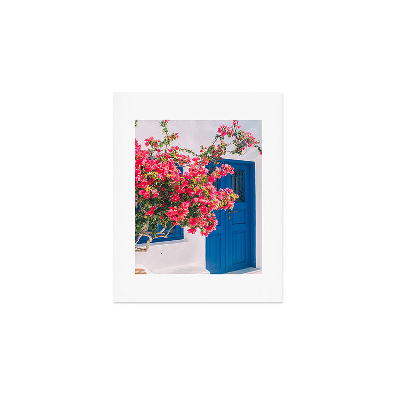 Blue Door in Santorini Greece - Pink Flowers by House - Fine Art Travel Photography Art Print Gallery Image 1