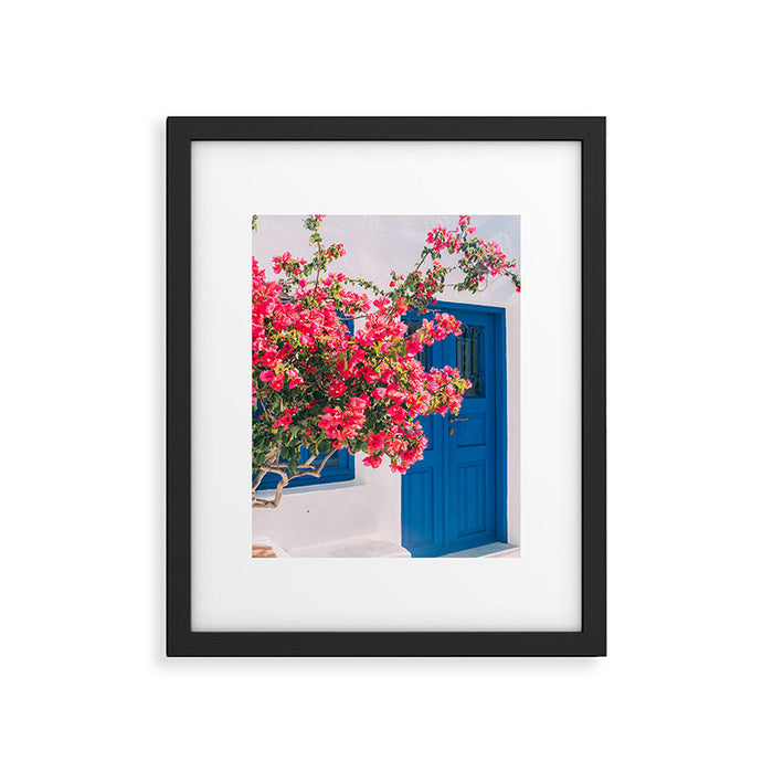Blue Door in Santorini Greece - Pink Flowers by House - Fine Art Travel Photography Framed Art Print Gallery Image 1